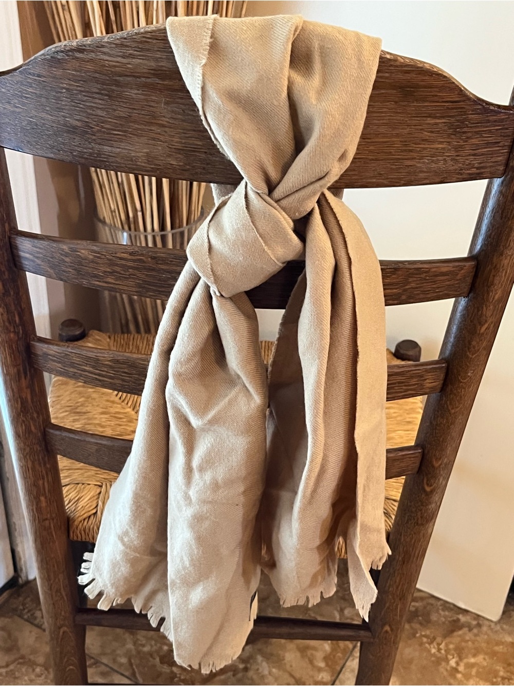 Vintage Monzini Pure Virgin Wool Beige Tan Scarf fringe